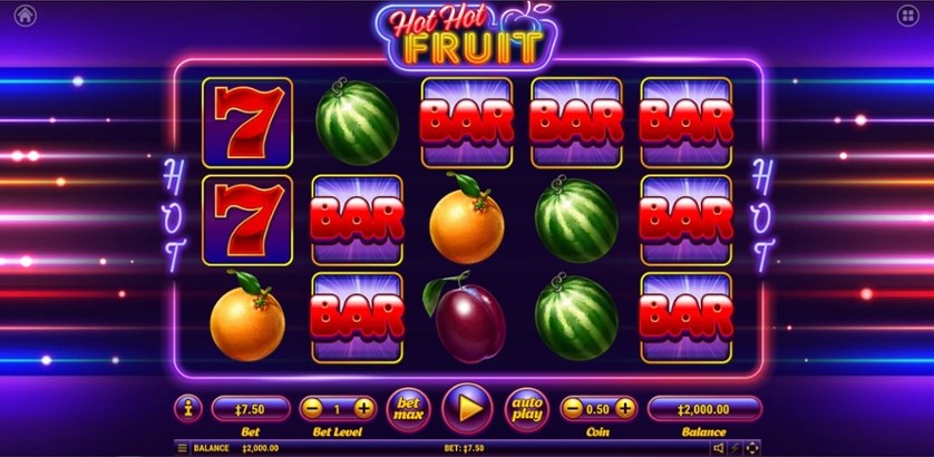 Hot Hot Fruit slot by Habanero: five reels of fruit, BAR and lucky 7 symbols on a neon grid
