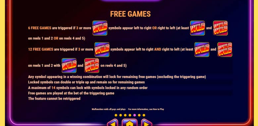 Hot Hot Fruit paytable — free games rules: 6 or 12 free games, locked winning symbols, doubled and tripled values