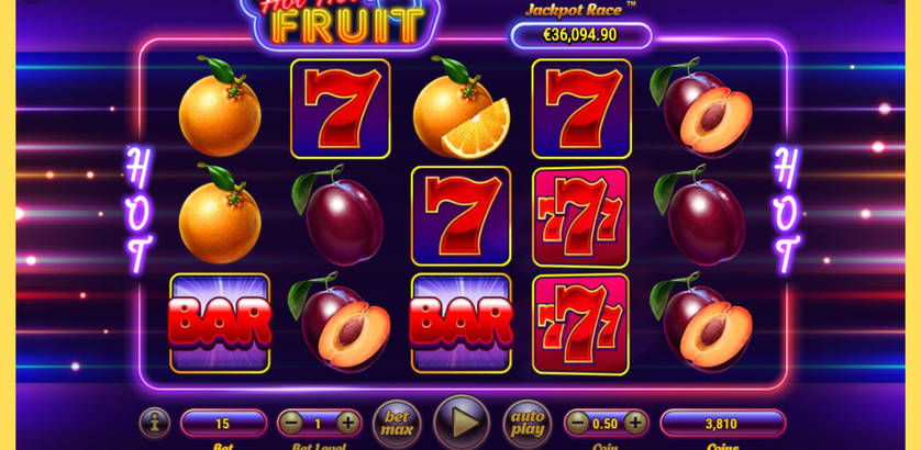 Hot Hot Fruit base game — five reels with fruit, BAR and lucky 7 symbols on the neon grid